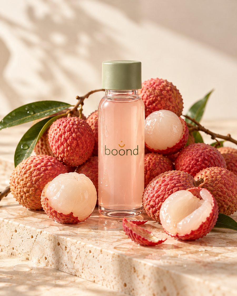 A boond bottle among fresh lychees, some peeled, on a sunlit travertine block